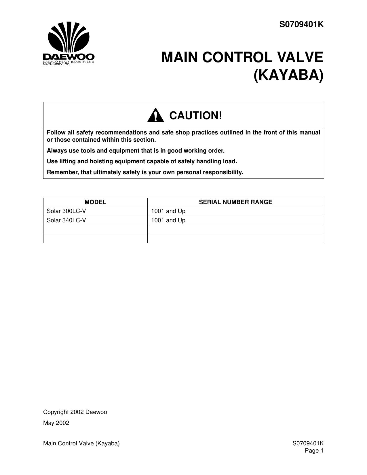Solar S300LC-V S340LC-V MAIN CONTROL VALVE (KAYABA) Service shop manual Daewoo Doosan